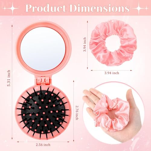 Sliner 24 Pcs Mini Hair Brush with Mirror and Scrunchies, Pink - Image 2