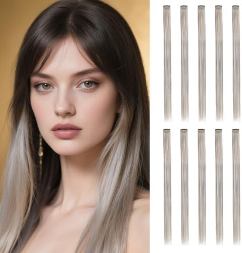 10 Pcs Colored Clip in Hair Extensions 22 Inch Silver Mix Gray by Sala