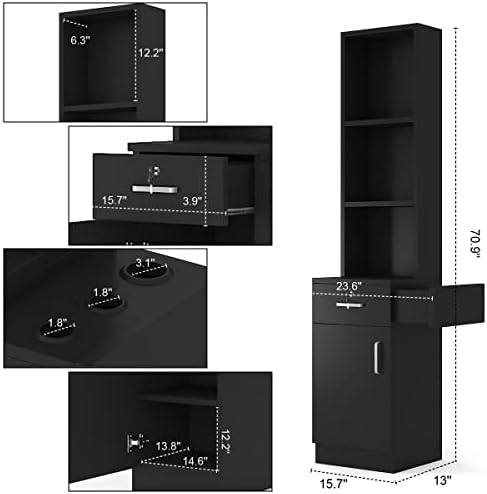Paddie Hair Salon Stations, Lockable Barber Stations Wall Mount Salon Equipment for Hair Stylist with 1 Lockable Drawer, 3 Holders & 1 Storage Cabinet (with Holders, Black) - Image 3