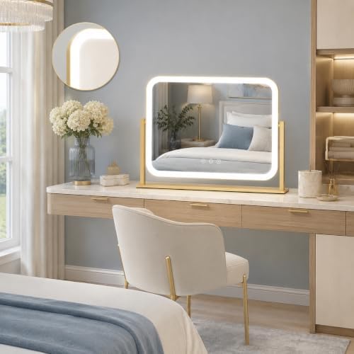 FENNIO Vanity Mirror with Lights 17''x13'' Makeup Mirror with Lights,Vanity Mirror Touch Screen with 3-Color Lighting,Dimmable,for Vanity Desk Tabletop Gold - Image 4
