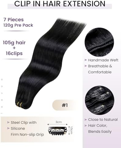 LaaVoo Human Hair Clip In Extensions, Full Head, 16 Inch - Image 2