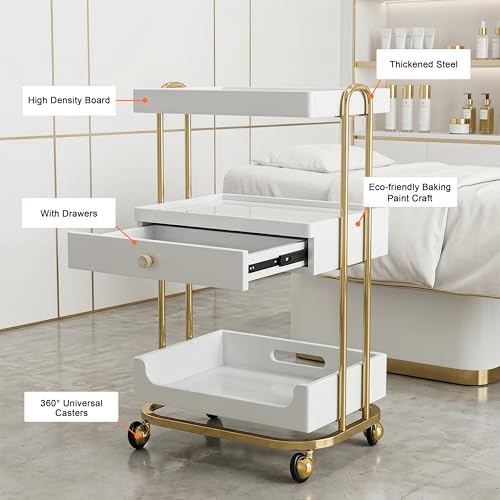 Elitzia Salon Spa Trolley Cart for Esthetician Metal Frame Carts with Rolling Wheels for Beauty Salon Esthetician Equipment Cart 3-Tier with Drawers Storage Beauty Esthetician Trolley ETDCART1 (White) - Image 5