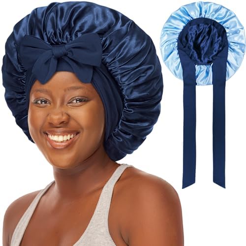 Double-Layered Silky Satin Bonnet with Tie, Large Women Sleep Cap by choshion