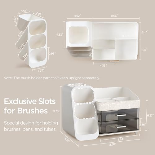 HBlife Makeup Organizer with Brush Holder for Vanity, Large Plastic Bathroom Countertop Organizer Skin Care Storage, Easy to Store Lipsticks, Nail Polishes, Perfumes, Eyeshadow Palettes, Pearl White - Image 3