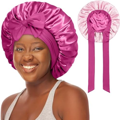 Double-Layered Silky Satin Bonnet with Tie, Large Women Sleep Cap by choshion