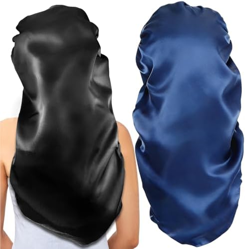 2Pcs Long Satin Bonnet Sleep Caps, Hair Bonnets,Black+Navy Blue by Gelme+Nutri
