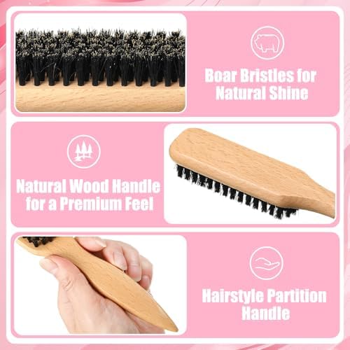 6 Pcs Boar Bristle Slick Back Hair Brush with Pink Edge Brush, Rat Tail Comb and Wide Tooth Comb for Women Men - Image 2