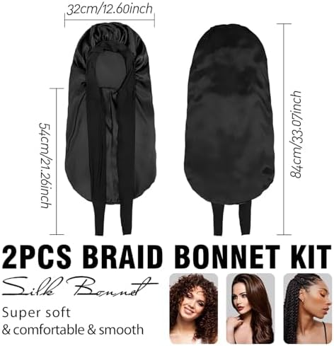 2Pcs Bonnets for Black Women Braid Bonnet, Large Long Satin Bonnet for Braids, Silk Bonnet with Stretchy Tie Band Sleep Cap Hair (2Pcs-Black&Leopard) - Image 5