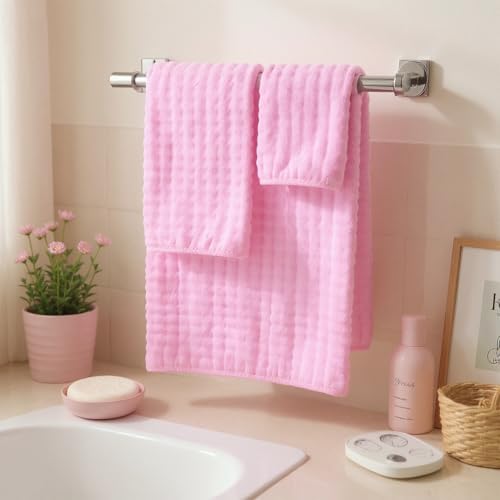 COZYART Lint Free 8 Pcs Bathroom Towels Set Ultra Soft Microfiber Pink - Image 2