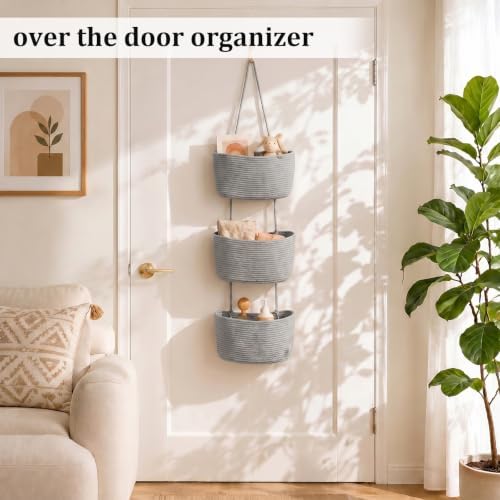 TeoKJ Over the Door Hanging Storage Basket Woven 3 Tier Wall Organizer Gray - Image 2