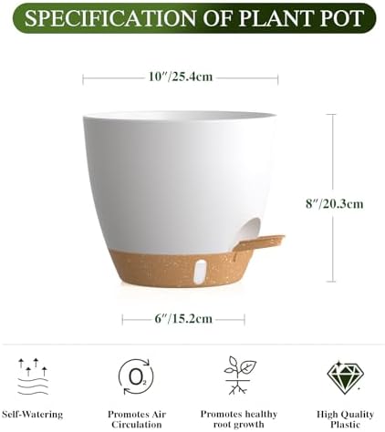 Self Watering Pots with Drainage Holes, 2 Pack 10 Inch Plant Pots with Water Level Indicator Deep Reservoir, Large Plastic Planter for Indoor Outdoor Plants - White Brown - Image 2