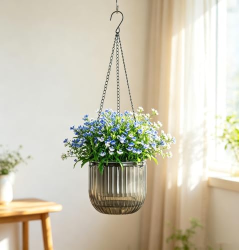 Melphoe 2 Pack Self Watering Hanging Planters Indoor Flower Pots, 6.5 Inch Outdoor Hanging Plant Pot Basket, Plant Hanger with 3Hooks Drainage Holes for Garden Home (Gray + White) - Image 2