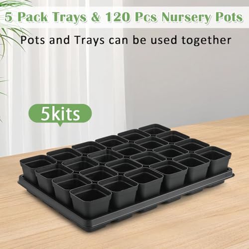 RooTrimmer 5 Pack 24 Cell Nursery Pots Trays with 2.8 inch (7CM) Square Nursery Pots 120pcs (Black), Plastic Seed Starter Tray with Drain Holes for Carrying and Holding Plant Pot(17"x11"x1.6") - Image 3