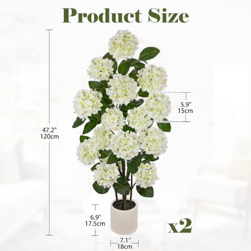 2 Pack 4FT White Hydrangea Artificial Flowers Tree Potted Hydrangea Flowers - Image 2