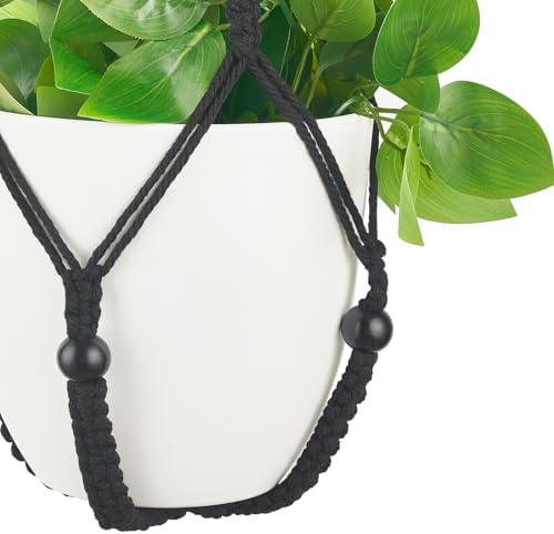 Mkono Fake Hanging Plant, Macrame Hanger with Pothos Vines & Pot, Black - Image 6