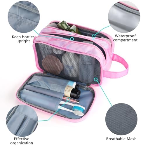 Pink Toiletry Bag for Girls, Travel Toiletry Bag for Teen Girls Cosmetic Bag Makeup Bag Waterproof Hanging Wash Bag Kids Toiletries - Image 3