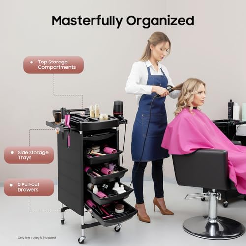 Salon Trolley Cart with Wheels & 5 Drawers, 6 Layer Salon Rolling Stations for Hair Stylist Rolling Storage Trolley w/ 2 Hair Dryer Holder Side Tray for Beauty Tattoo Hairdressing Beauty Equipment - Image 5