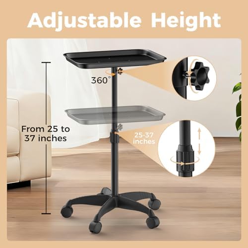37" Black Salon Tray on Wheels, Adjustable Rolling Cart for Spa - Image 2