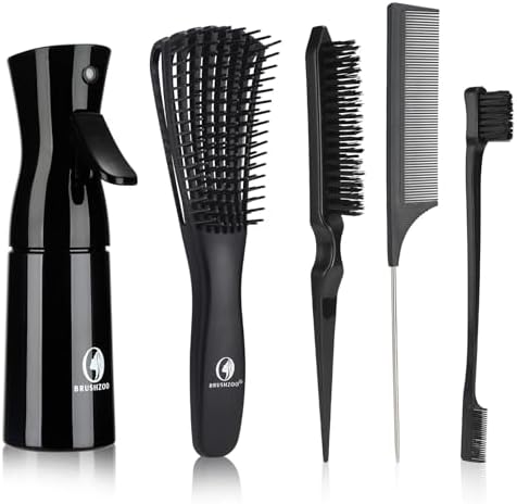 Hair Brush Set, Hair Brushes for Women Men kid Wet Dry All Hair Detangling Parting Styling, Brush Set with Detangler Brush, Edge Brush, Teasing brush, Rat Tail Comb (Black) by Brushzoo