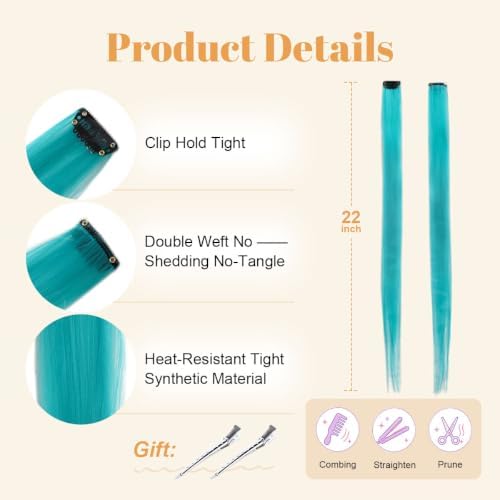 Teal Colored Clip in Hair Extensions, Synthetic Hair for Girls - Image 4