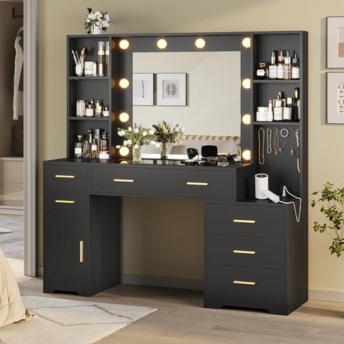 Hasuit 48.8'' Large Vanity Desk with Lighted Mirror & Power Outlet, Black Makeup Vanity Table with 6 Drawers, 4 Shelves and 1 Storage Cabinet, Glass Tabletop Bedroom Dressing Table, 3 Lighting Modes by Hasuit