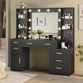 Hasuit 48.8'' Large Vanity Desk with Lighted Mirror & Power Outlet, Black Makeup Vanity Table with 6 Drawers, 4 Shelves and 1 Storage Cabinet, Glass Tabletop Bedroom Dressing Table, 3 Lighting Modes by Hasuit
