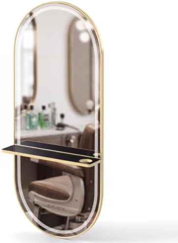 Wall Mounted Salon Station Mirror with LED Light, Shelf & Hair Dryer Holder by Artisthand