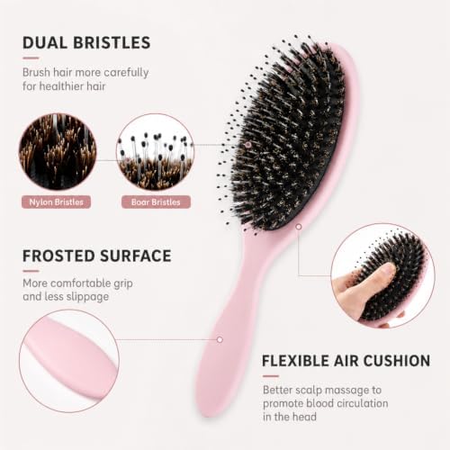 Boar Bristles Hair Brush for Women and Men, Detangling Hair Brush for Smoothing Massage Add Shine, Nylon&Boar Bristles Detangler brush for Hair Healthy (1 Pack-Pink) - Image 6