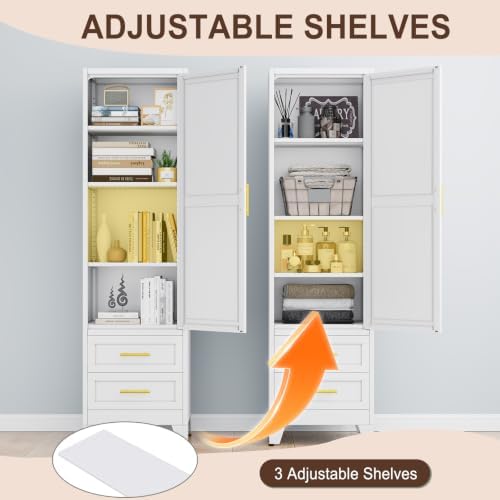 Tall Metal Narrow Storage Cabinet 67" H with 2 Drawer, White Pantry Cabinets with 3 Adjustable Shelves and Door,Tall Bathroom Cabinet for Kitchen, Home Office, Living Room, Dining Room - Image 5