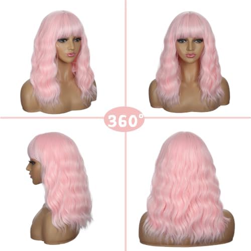 Sebast Pastel Bob Wigs with Bangs for Women Loose Wavy Wig Pastel Wavy Shoulder Length Bob Synthetic Cosplay Wig for Girl Colorful Costume Wigs (Pastel Pink) - Image 5