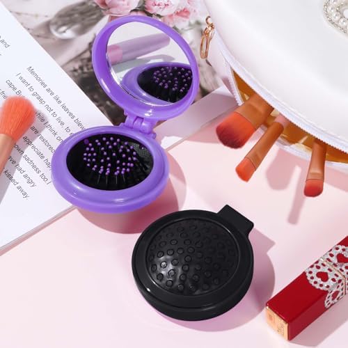 Heliltd 2pcs Folding Travel Mirror Pocket Hair Brushes, Round, Purple Black - Image 6