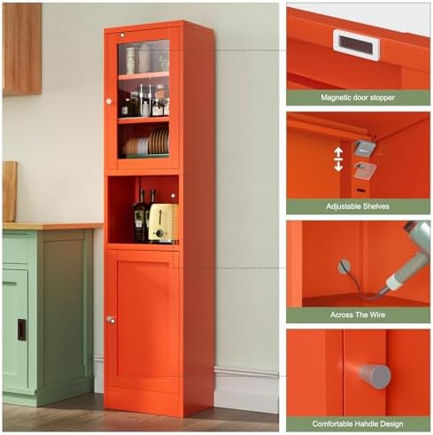 Slim Pantry Cabinet with Hutch, 67" Tall Narrow Storage Cabinets for Small Space,Narrow Metal Corner Cabinet with 3 Adjustable Shelves, Freestanding Tall Bathroom Cabinet for Entryway, Living Room - Image 4