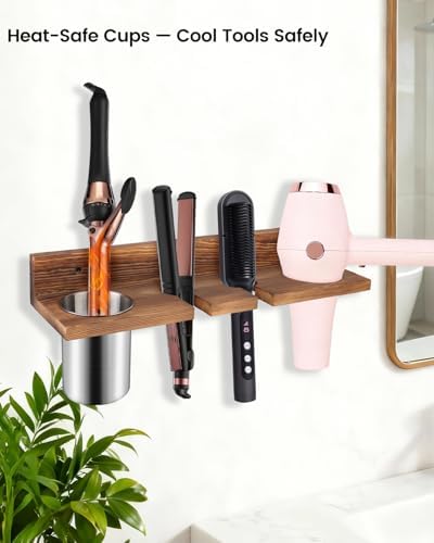 Hair Tool Organizer for Bathroom – Wall Mounted Hair Dryer Holder with Heat-Resistant Cups, Curling Iron & Straightener Rack, Blow Dryer Organizer for Vanity or Wall (Brown) - Image 3