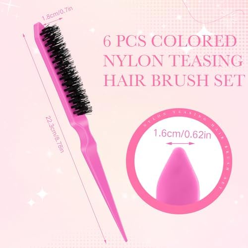 Yaomiao 6 Pcs Teasing Brush Set, 3 Row Nylon Rat Tail Combs for Fine Hair, Back Combing, Root Lifting, Scalp Massage, Hair Brushes for Women Salon Home Use(Pink) - Image 2