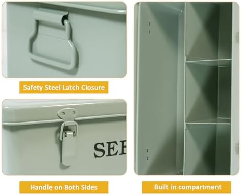 Seed Storage Organizer, 4 Compartment Seed Storage Box with Safety Lock, Metal Seed Box Container with 2 Pens, 20 Plant Labels and 50 Seed Envelopes for Seed Packet & Small Garden Tool, Green - Image 2
