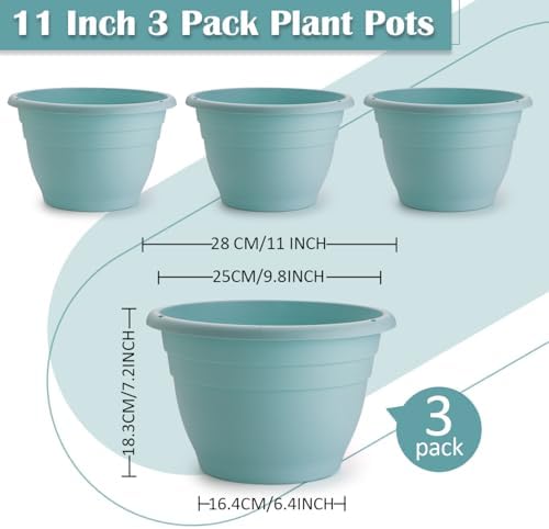 RooTrimmer 3 Pack 11 Inch Plant Pots with Drainage Hole and Plug, Durable Plastic Flower Pots for Indoor & Outdoor Plants, Elegant Mordern Plant Pots Perfect for Herbs, Flowers & Succulents, Blue - Image 4