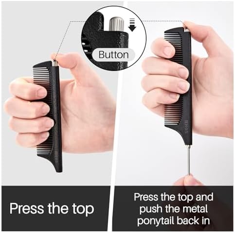 RHOS Carbon Retractable Rat Tail Comb for Parting and Styling, Hair Cutting and Braiding - Stainless Steel Pin Tail Comb, Black - Image 2