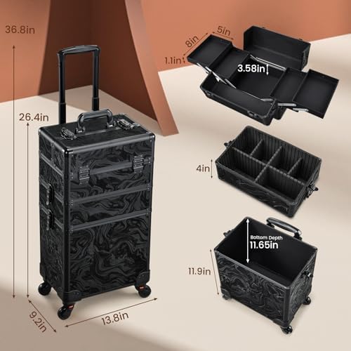 FRENESSA 3 in 1 Rolling Makeup Case Cosmetology Case on Wheels Alpine Black - Image 4