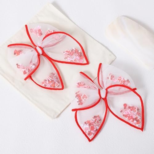 Valentines Hair Bow Gift for Girls Women 4in Red Heart Mesh Tulle Fable Bow Alligator Clips for Teen Toddler Kids Cute Valentine's Day Holiday Party Dress Decoration Accessories - Image 2