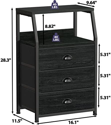 Furnulem Black Night Stand, Small Bedside Table for with 3 Fabric Drawers - Image 3