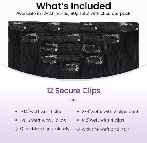 LaaVoo Clip in Hair Extensions Ombre Black to Silver, 5pcs 80g - Image 2