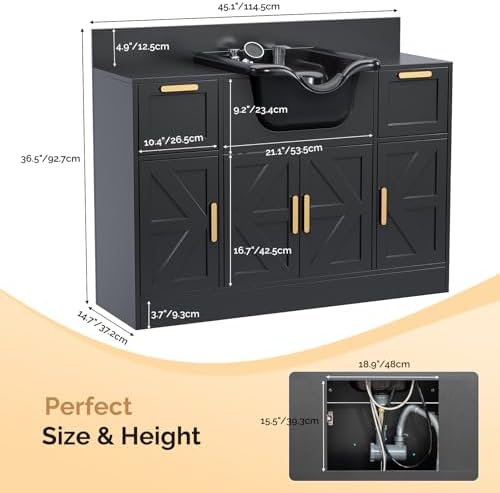 OmySalon Shampoo Bowl with Cabinet, Salon Hair Washing Station with Drawers, UPC Certified Faucet, Barber Station Backwash Sink for Beauty Salon, Spa, Black - Image 4
