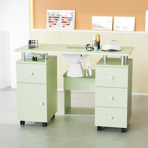 OmySalon Nail Desk and Chair Set, Manicure Table with Dust Collector, Arm Rest, 8 Wheels, Acetone Resistant Desktop, Drawers & Cabinet Storage for Makeup Beauty Salon (Mint Green) - Image 7