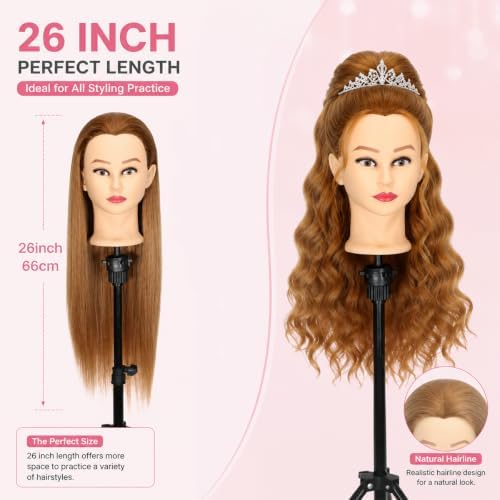 80% Human Hair Mannequin Head 26 Inch #27 Honey Blonde - Cosmetology Doll Head for Hair Styling Braiding Practice Cutting Heat Resistance, Hairdresser Training Head with Clamp - Image 3