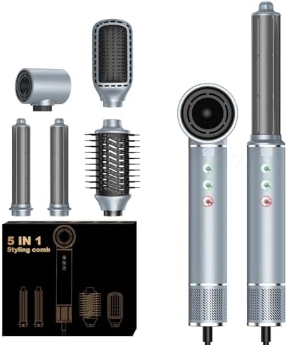 Hair Dryer Brush, 5 in 1 Blow Dryer Brush Set, High Speed Hot Air Styler, Auto Wrap Curlers for Frizz-Free Volume, Smooth Hair Damage Hair Styling Tools Gift for Drying Curling Straightening Silver by Unknown