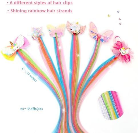 6 Pcs Unicorn Hair Bows Hair Clips For Girls Rainbow Hair Extensions For Kids Toddler Kids Ponytails Hand-made Cute Glitter Hair Accessories - Image 2