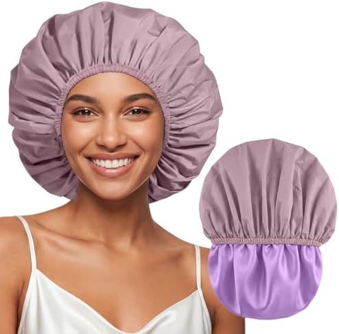 Extra Large Waterproof Shower Cap for Women, Double Layer Satin Lined Hair Bonnet for Curly Hair, Reusable Bath Cap with Elastic Edge for Long Thick Hair (Purple) by SUPAZE