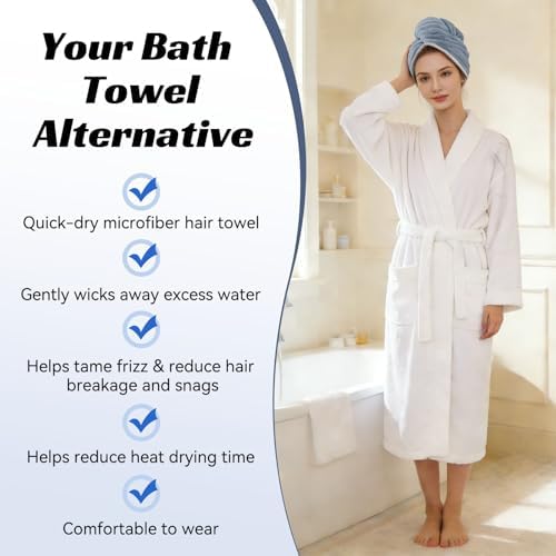 Microfiber Hair Towel Wrap for Women, Soft Lightweight Quick Dry Turban, Drying Hair Towels for Women, Hair Drying Towel with Button for Curly & Long Hair - Blue (Note: This model is ultra-slim.) - Image 4