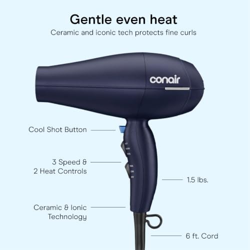 Conair Hair Dryer with Multi-Chamber Hair Diffuser Attachment, Dark Blue - Image 4