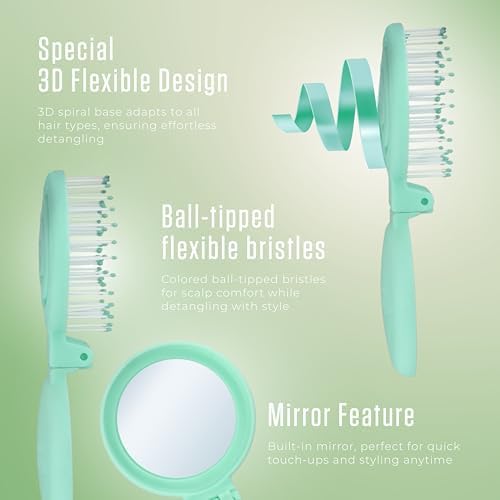 Mini Detangler Travel Hair Brush with Mirror, Makaron Hair Brushes for Women, Men and Kids, Unique 3D Flexible Design for All Hair Types, Styling Accessory, Travel Essentials for Women (MINT) - Image 2